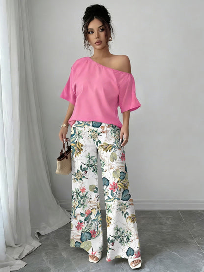 Kessoro women's off-shoulder wide-leg two-piece set in blue and pink, view 8