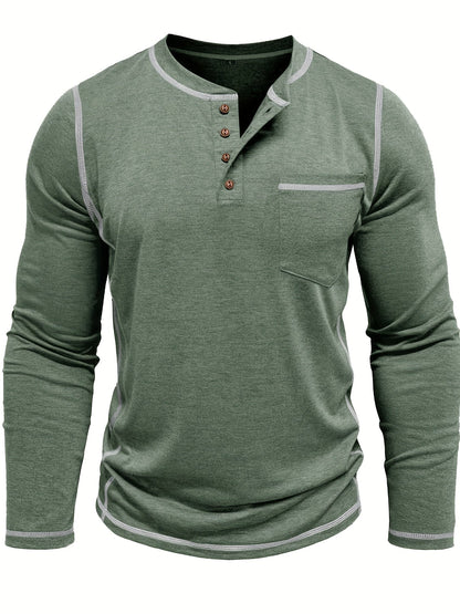 Men's contrast-stitch long sleeve henley shirt in khaki and green, colour option 1 detail view