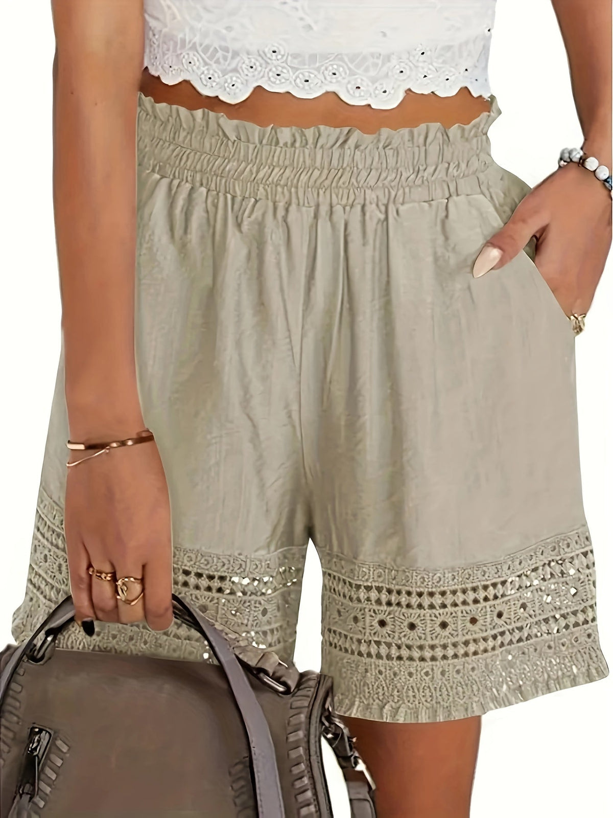 Kessoro women's lace-trim paper bag waist shorts in sky blue, khaki, black and white neutral tones