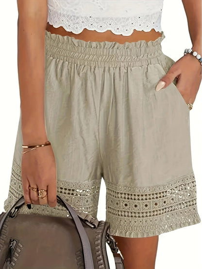 Kessoro women's lace-trim paper bag waist shorts in sky blue, khaki, black and white neutral tones