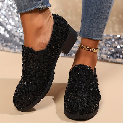 Kessoro women's sparkling block heel slip-on loafers in black