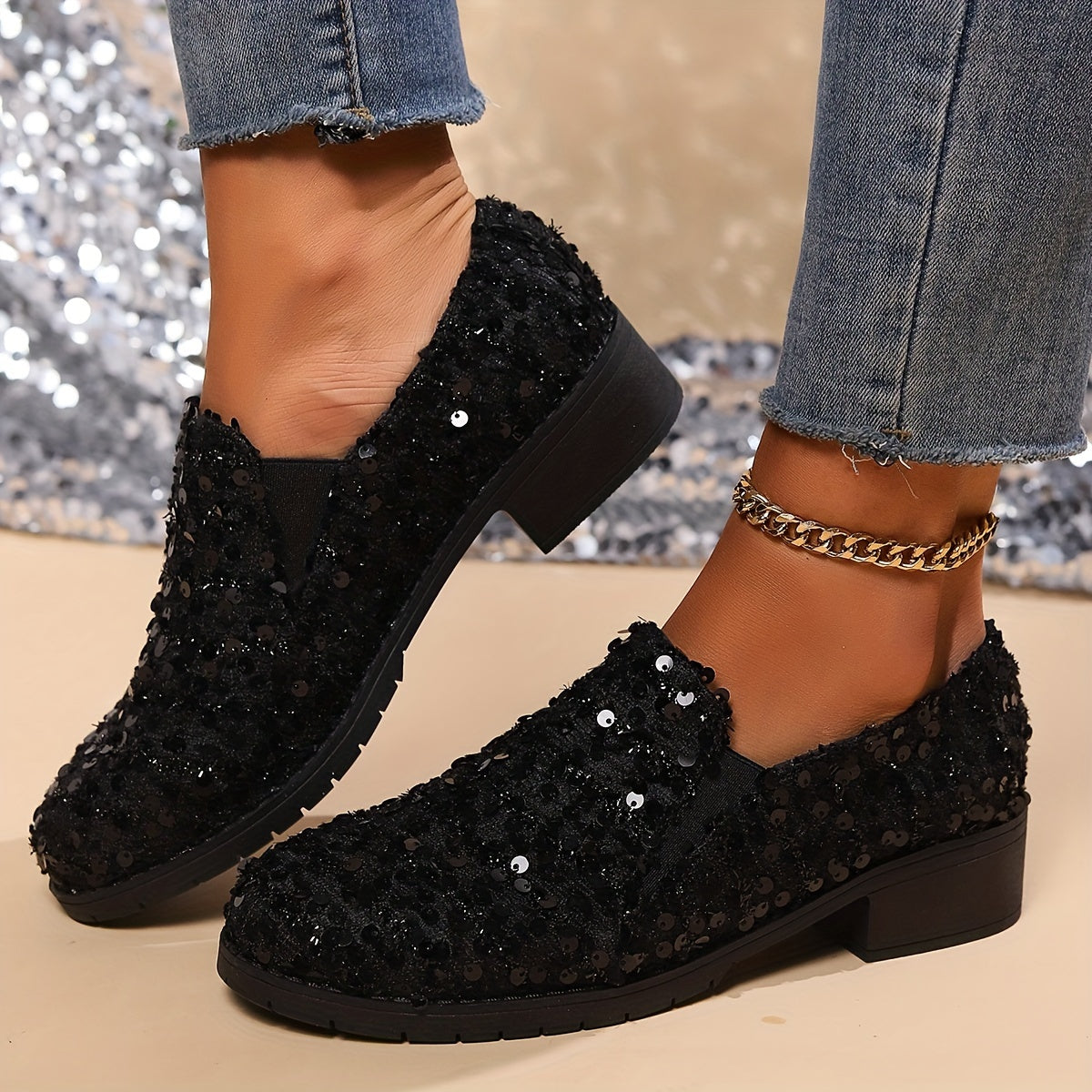 Kessoro women's sparkling block heel slip-on loafers in black