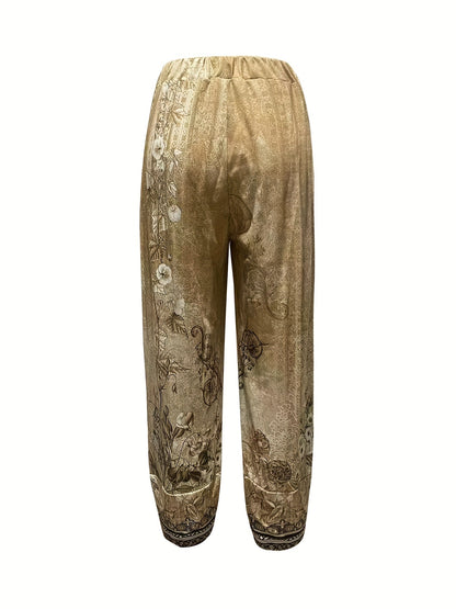 Kessoro women's botanical print elastic-waist cropped trousers in vintage plant and retro colours