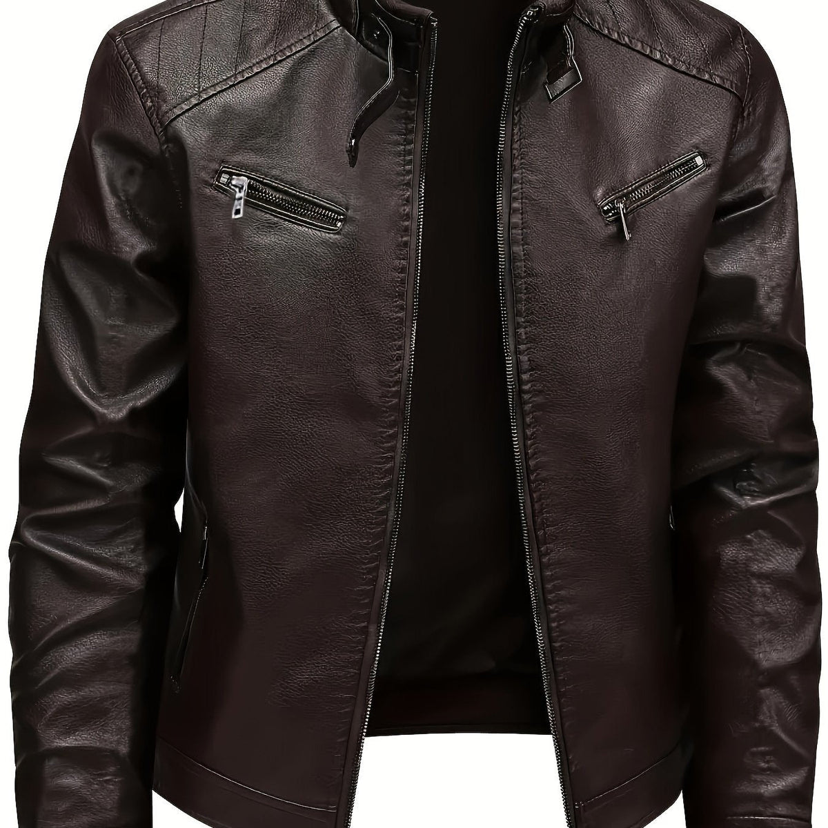 Kessoro men's classic stand-collar moto jacket in coffee brown - product view 1