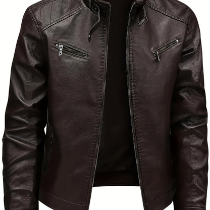 Kessoro men's classic stand-collar moto jacket in coffee brown - product view 1
