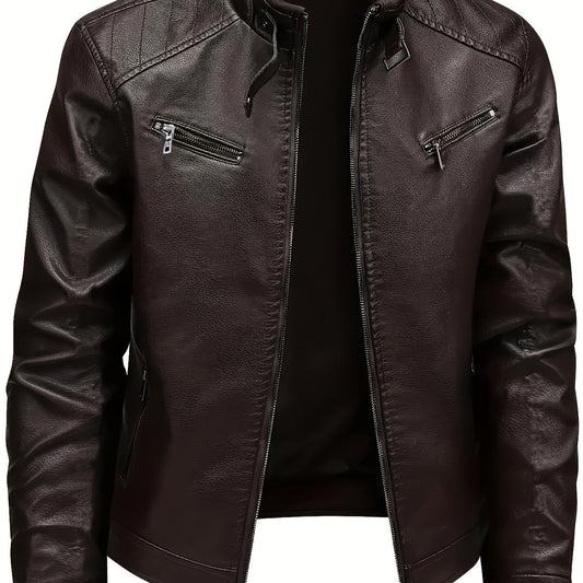 Kessoro men's classic stand-collar moto jacket in coffee brown - product view 1