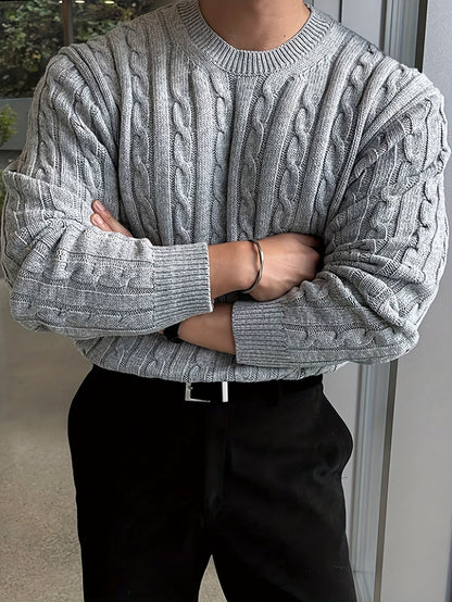 Kessoro Men's Twisted Cable-Knit Crewneck Sweater in navy and grey, image 10 of 12.
