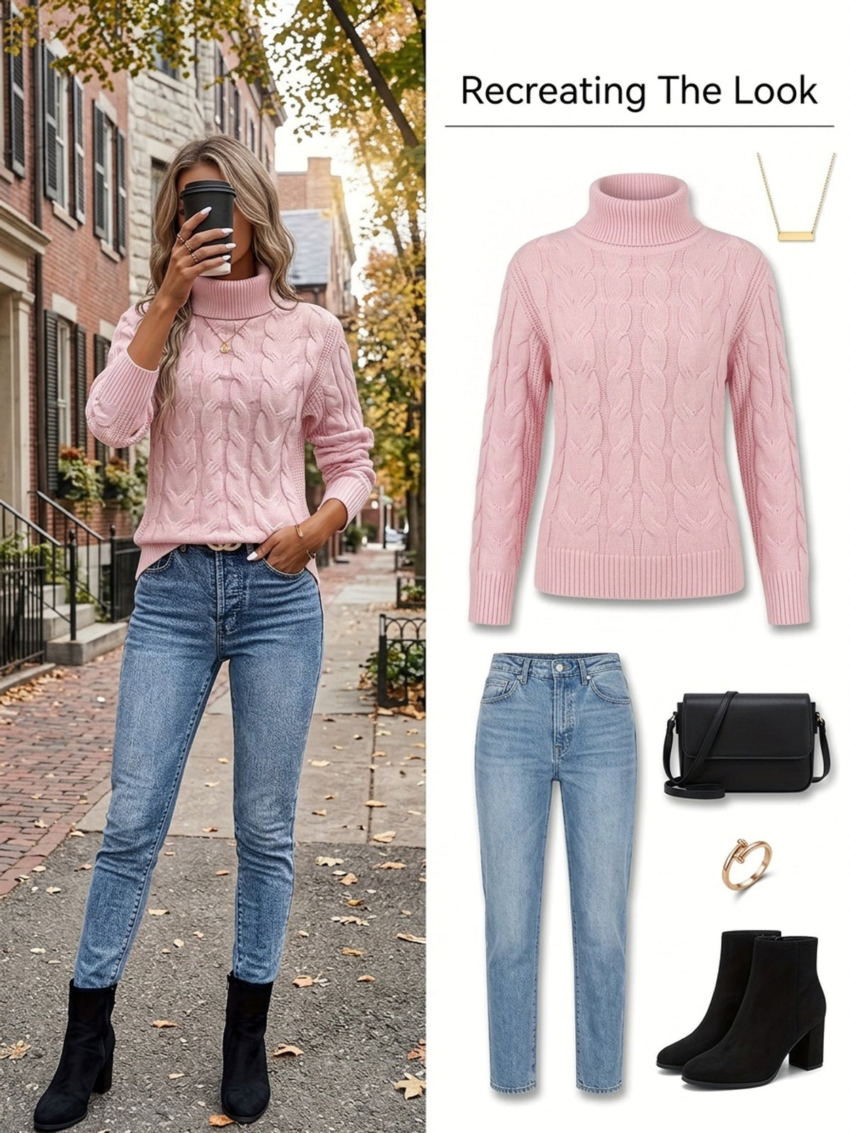 Kessoro women's cable-knit turtleneck sweater in red, black, grey, royal blue, violet, white and pink - product view 50