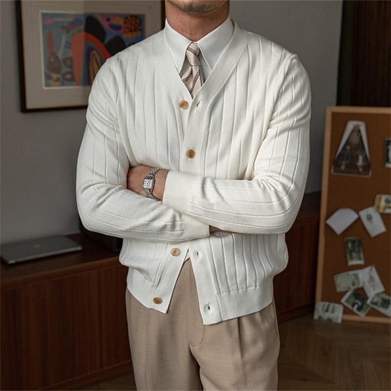 Kessoro men's ribbed V-neck button-front cardigan in blue, black and white - view 3