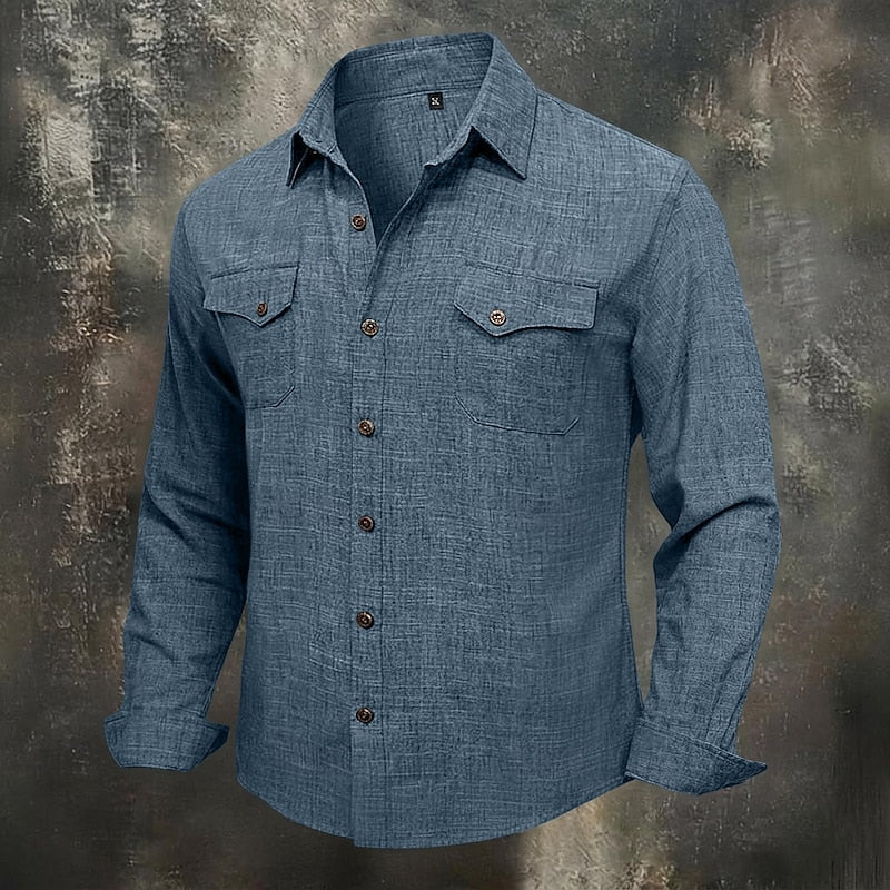 Kessoro men's relaxed-fit flap-pocket utility shirt in blue, grey, beige and pink tones, view 10
