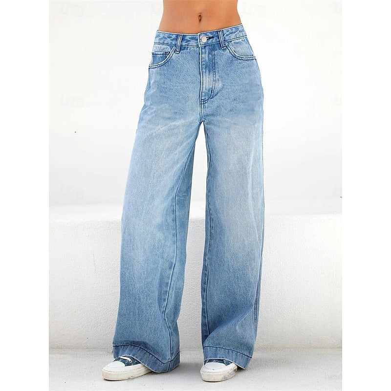 Kessoro women's high-waisted relaxed wide-leg jeans in classic blue denim washes