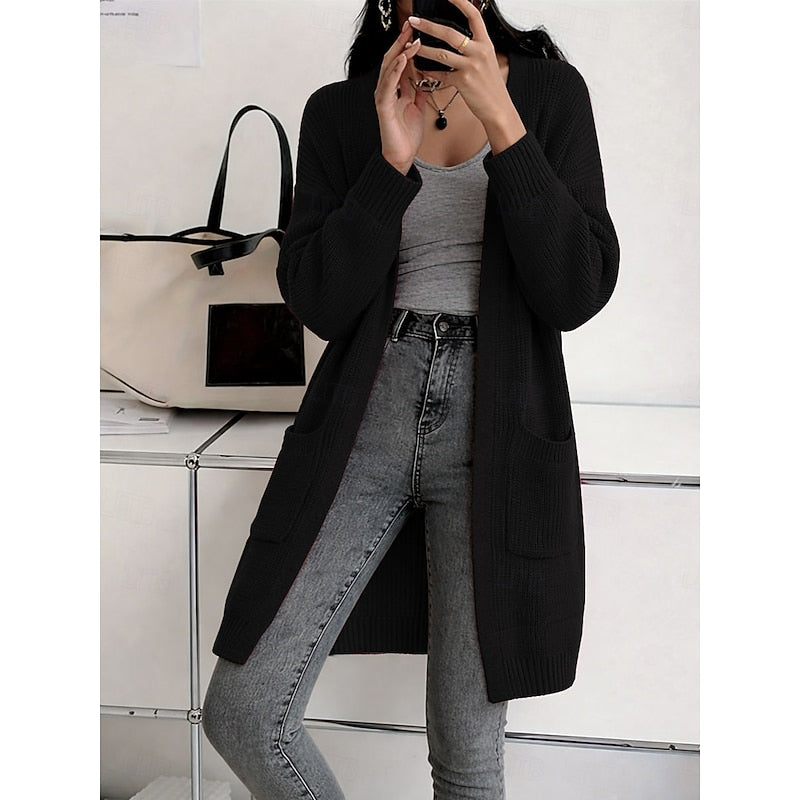 Kessoro longline open front ribbed cardigan for women in Black, view 1