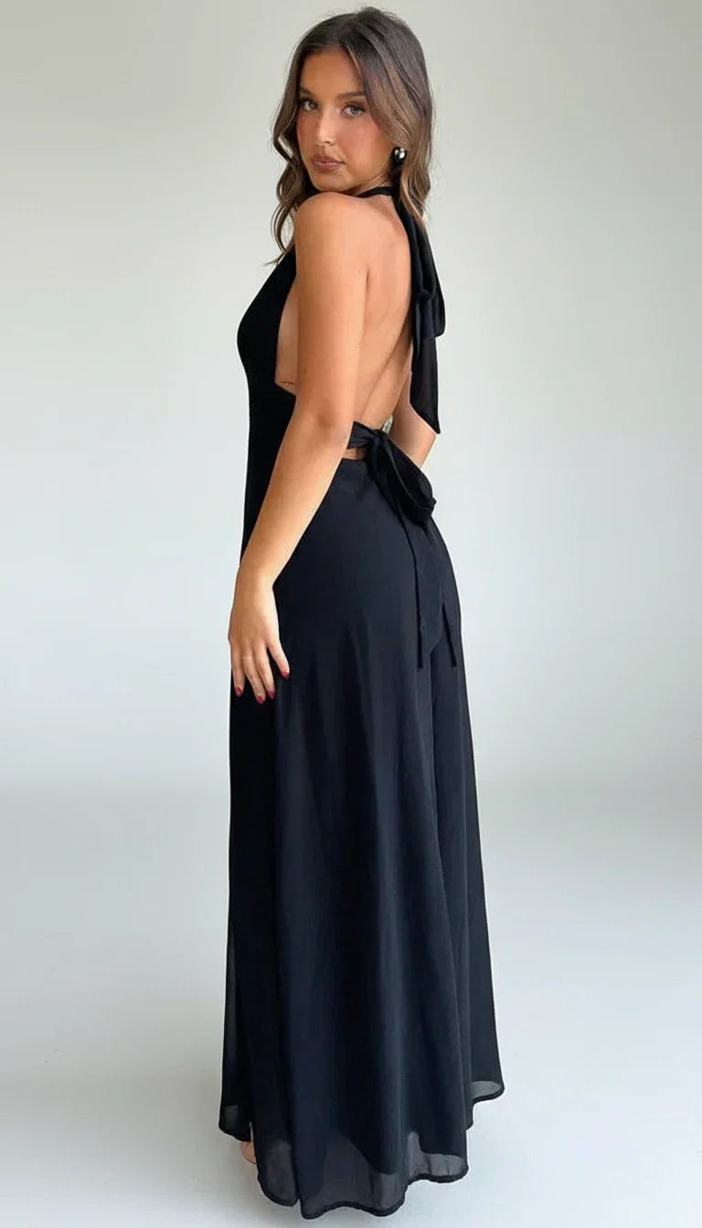Kessoro women's halter neck flowing maxi dress in white, black, pink and blue