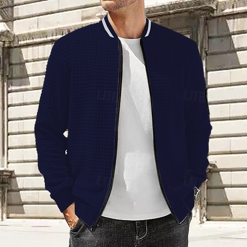 Kessoro Men's Textured Bomber Jacket in white, navy blue and black, image 2 of 3.