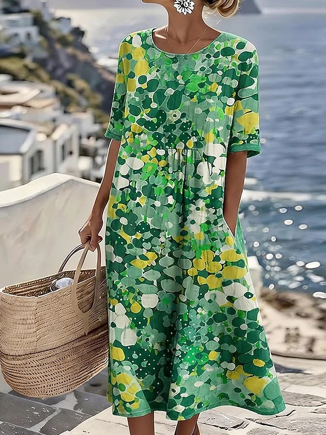 Kessoro Women's printed A-line midi summer dress with pockets in green, red and blue, view 3