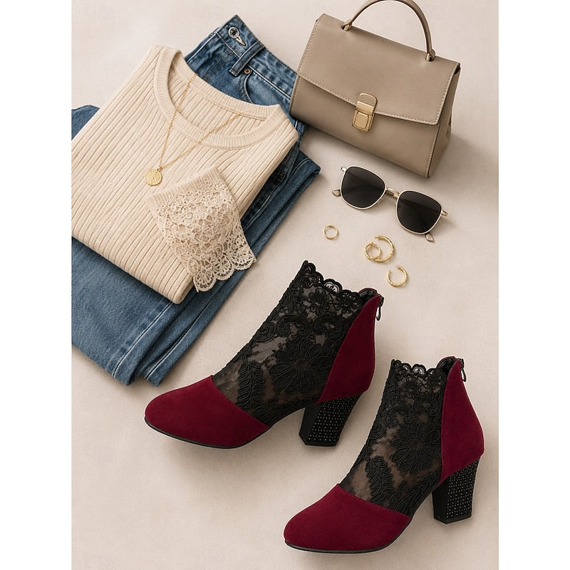 Kessoro women's floral lace block-heel ankle boots in wine, black and yellow