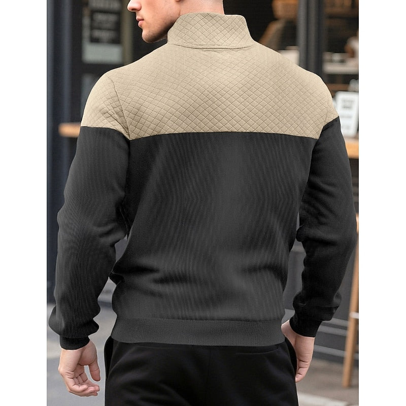 Kessoro men's textured quarter-zip color block sweatshirt in grey, army green, navy and khaki