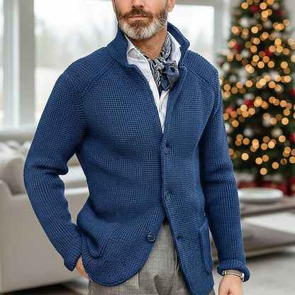 Kessoro men's waffle-knit stand-collar button cardigan in blue, navy or red brown
