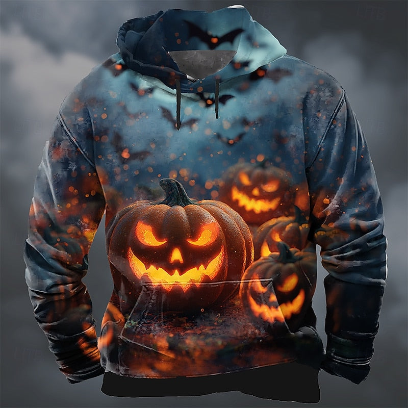 Unisex Halloween pumpkin print hoodie in orange and yellow, front view