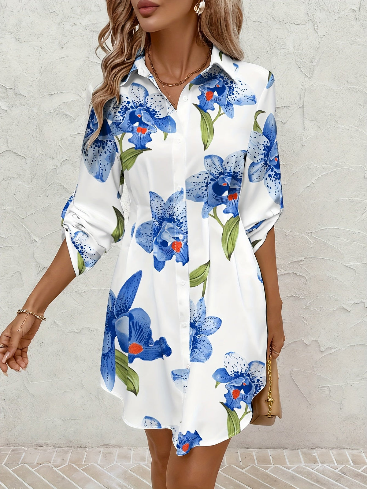 Kessoro women's floral button-front shirt dress shown in sky blue and white colourways on a female model