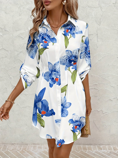Kessoro women's floral button-front shirt dress shown in sky blue and white colourways on a female model