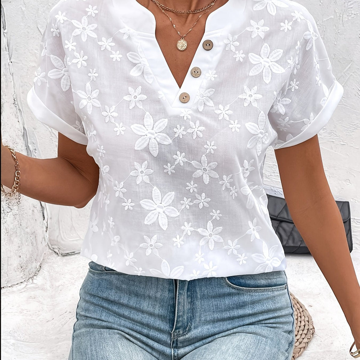 Kessoro women's white floral embroidered V-neck batwing-sleeve blouse, loose draped summer top