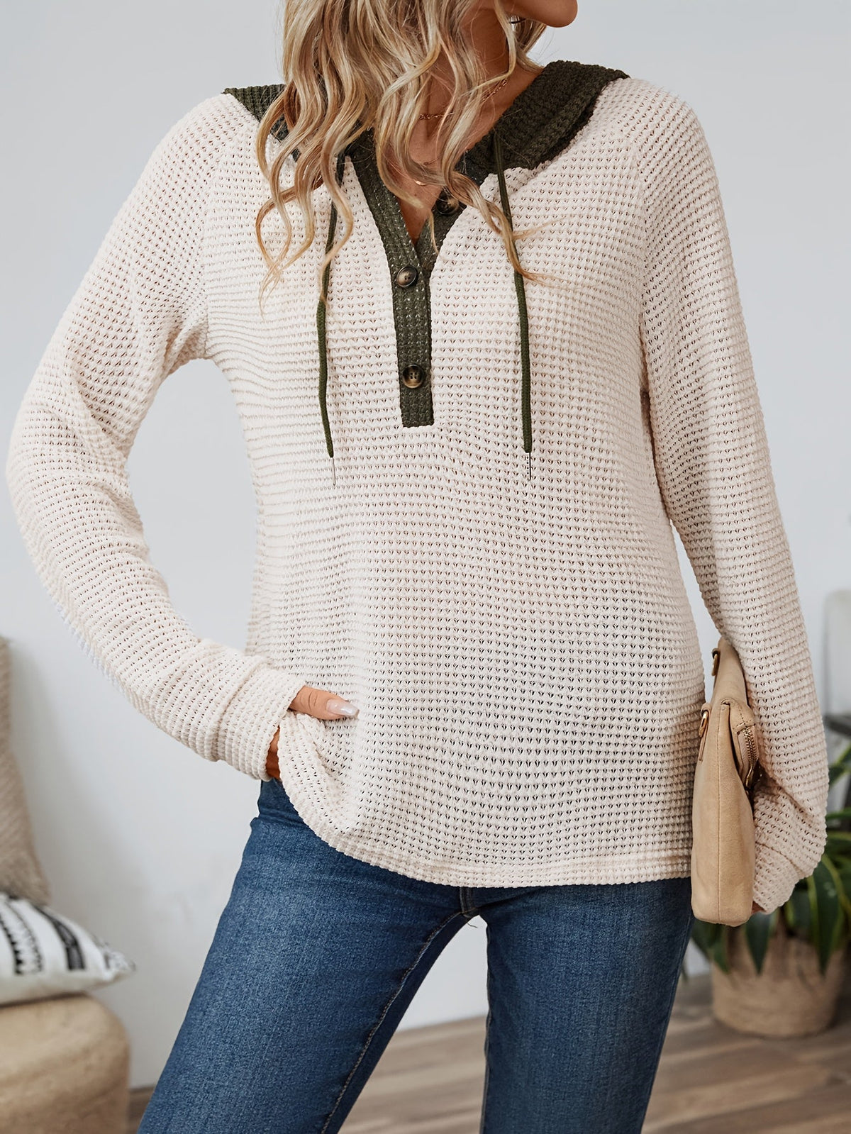 Kessoro women's waffle-knit relaxed hooded top in beige, black or pink, view 5 of 22