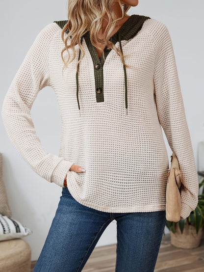 Kessoro women's waffle-knit relaxed hooded top in beige, black or pink, view 5 of 22