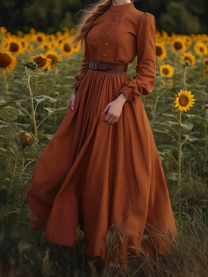 Kessoro women's vintage pleated stand-collar maxi dress in orange red – view 1