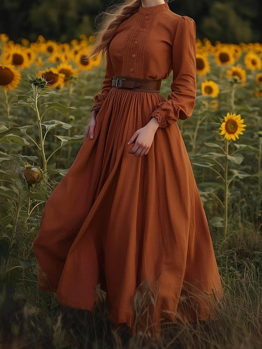 Kessoro women's vintage pleated stand-collar maxi dress in orange red – view 1
