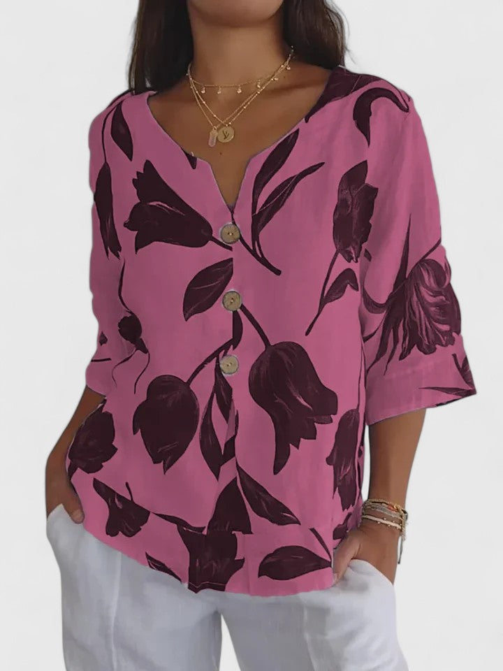 Kessoro women's relaxed floral print V-neck blouse in white, blue and pink, view 3