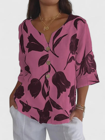 Kessoro women's relaxed floral print V-neck blouse in white, blue and pink, view 3