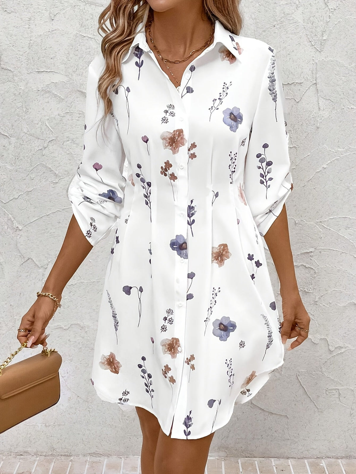 Kessoro women's floral button-front shirt dress shown in sky blue and white colourways on a female model