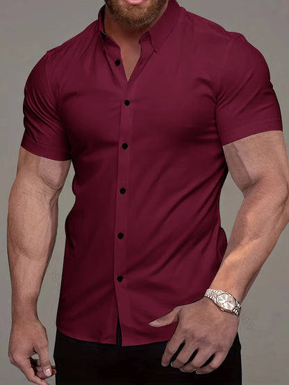 Kessoro men's refined short-sleeve button-up shirt shown in eleven colourways including white, black, navy and army green on a male model