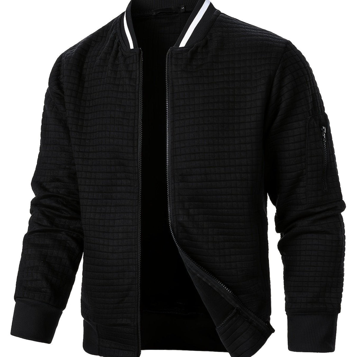 Men's textured stand-collar zip-up bomber jacket in khaki, black, dark gray, military green, navy and burgundy, close-up view