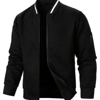 Men's textured stand-collar zip-up bomber jacket in khaki, black, dark gray, military green, navy and burgundy, close-up view