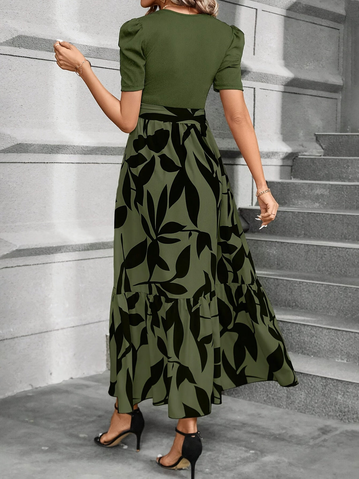 Kessoro women's printed tiered maxi dress shown in a green and black colourway on a female model