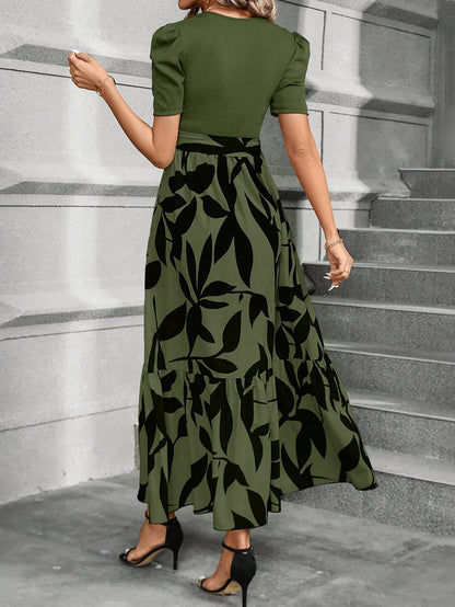 Kessoro women's printed tiered maxi dress shown in a green and black colourway on a female model