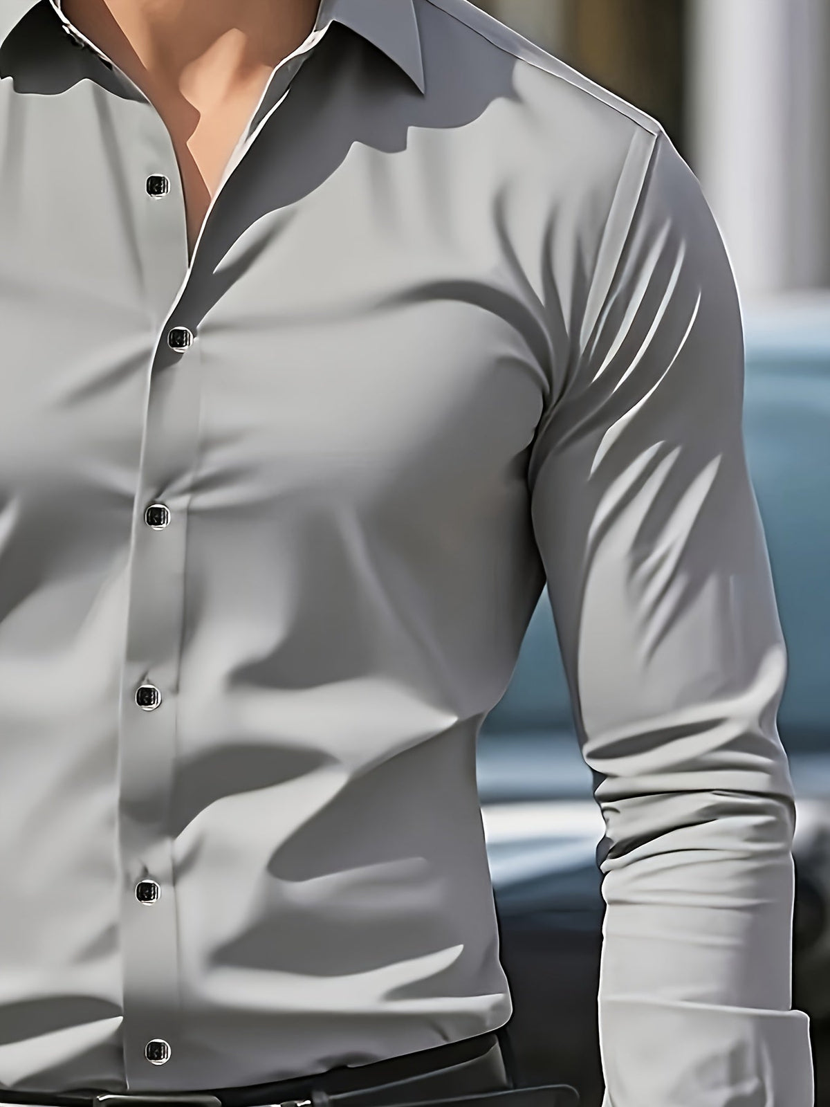 Men's tailored long-sleeve button-up shirt in sky blue, light grey and white, colour option 2 front view