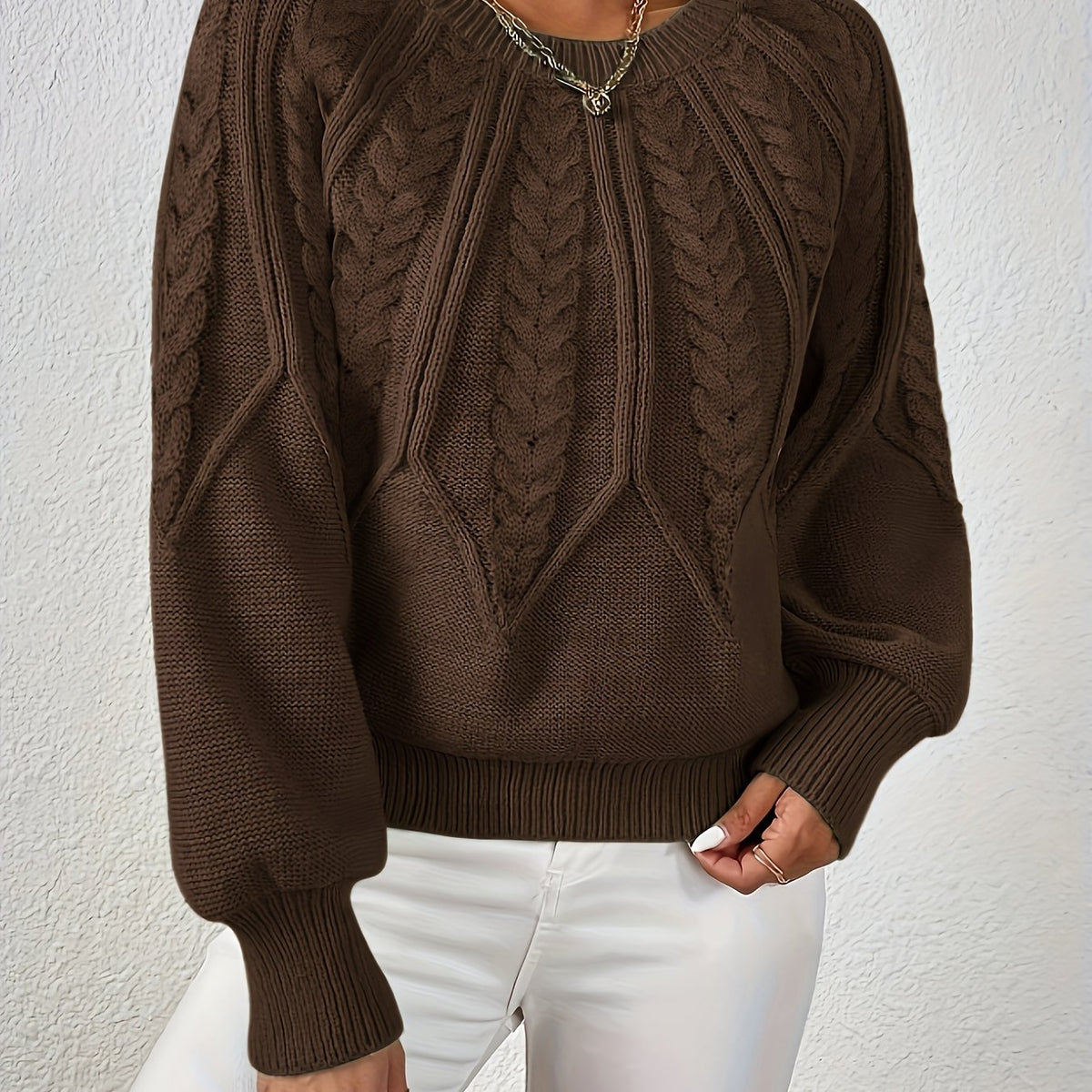 Kessoro women's cable-knit round-neck sweater in neutral and jewel-tone colourways, women's knitwear — view 21 of 23