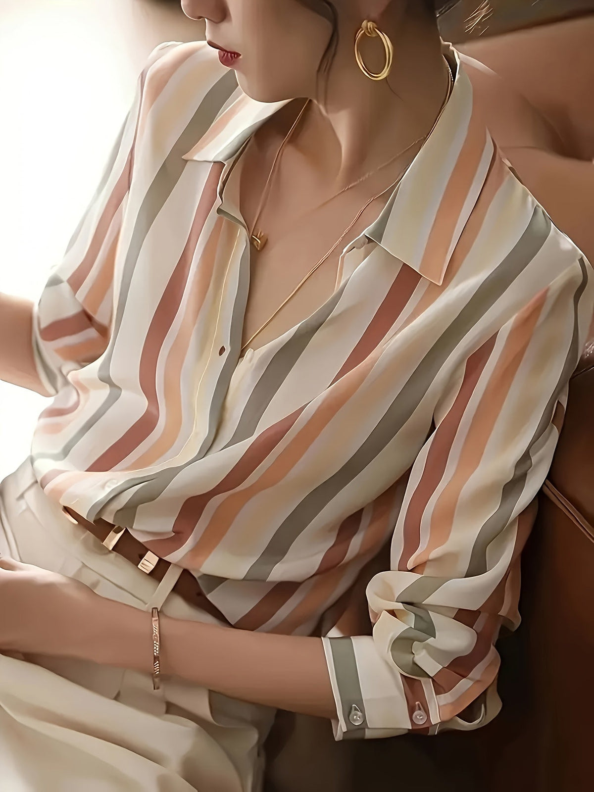 Kessoro Women's Striped Lapel Collar Button-Up Blouse in blue, sky blue, tangerine and other colourways — close-up of the collar and trim