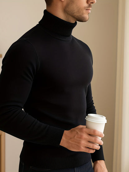 Men's refined ribbed roll-neck high-neck sweater in black, white, bronze and blue, front view 2