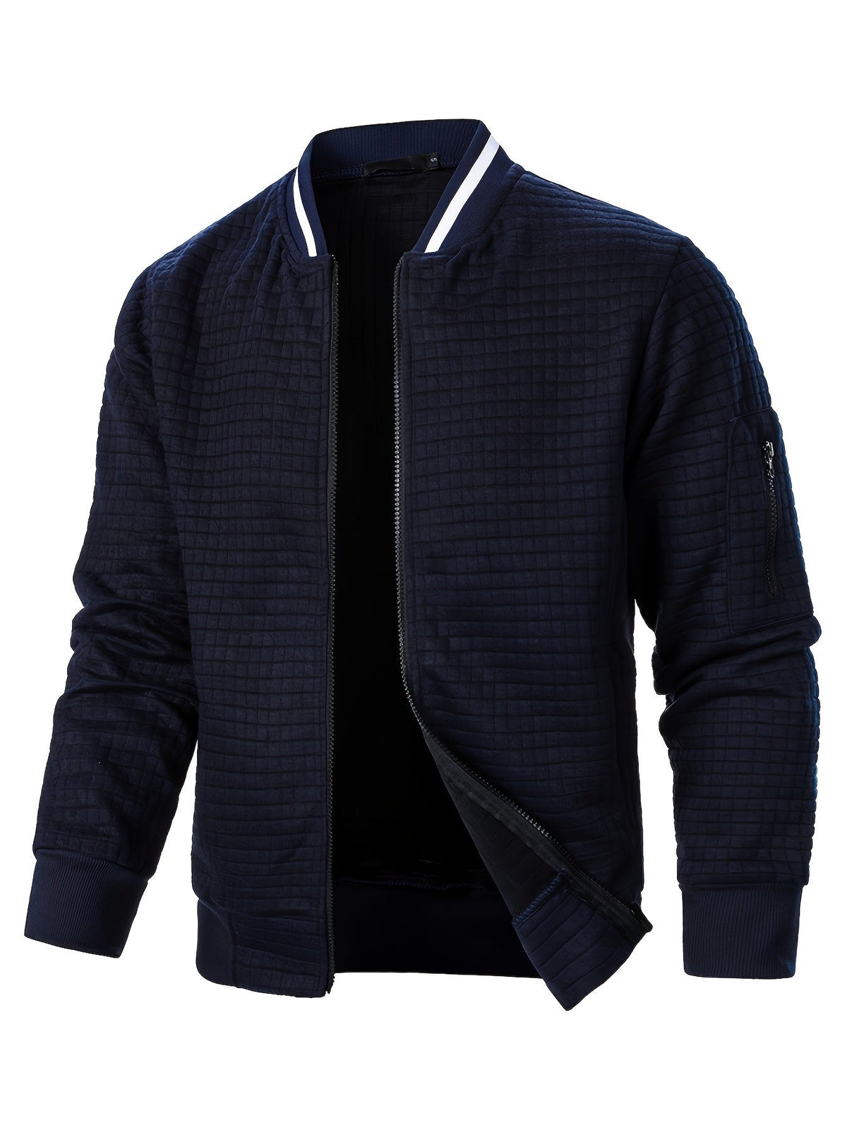 Men's textured stand-collar zip-up bomber jacket in khaki, black, dark gray, military green, navy and burgundy, styled view 3