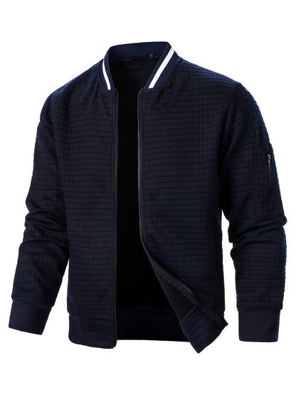 Men's textured stand-collar zip-up bomber jacket in khaki, black, dark gray, military green, navy and burgundy, styled view 3