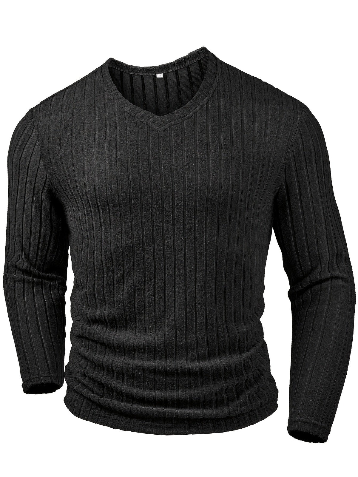 Men's ribbed V-neck long sleeve top in black, side view