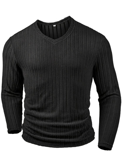 Men's ribbed V-neck long sleeve top in black, side view