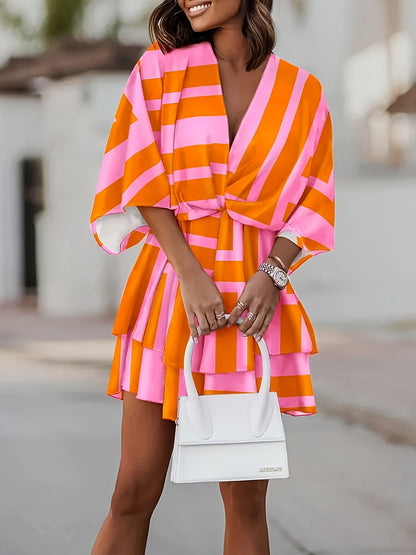 Kessoro women's batwing-sleeve tiered wrap dress shown in orange red and black colourways on a female model