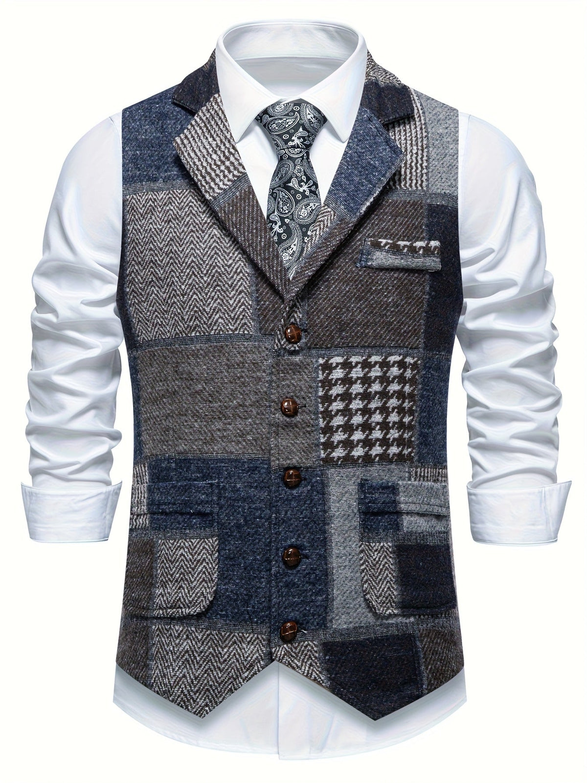 Kessoro men's herringbone patchwork tailored waistcoat in red, gray, blue, green and orange colorways - men's suiting
