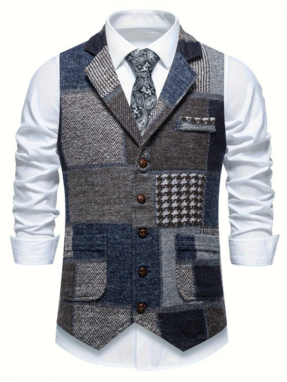 Kessoro Men's Patchwork Notch Lapel Tailored Waistcoat in grey, wine red, blue, navy and orange - men's apparel, view 21 of 31