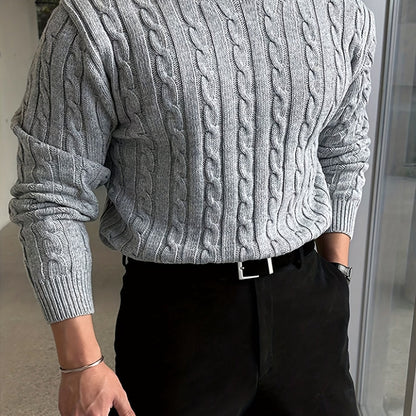 Kessoro Men's Twisted Cable-Knit Crewneck Sweater in navy and grey, image 7 of 12.